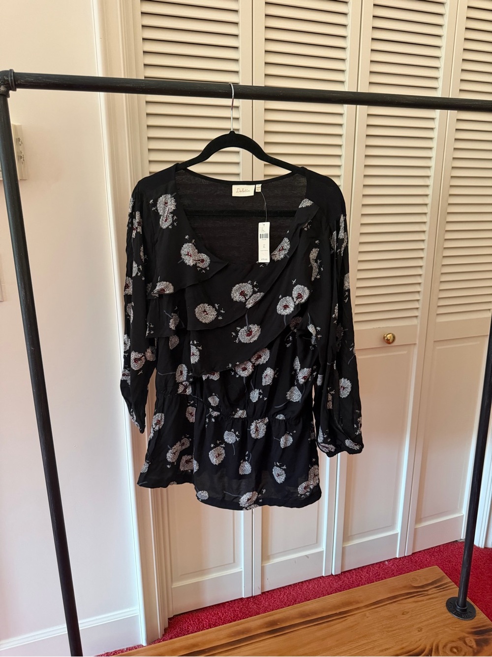 dolan Black Floral Ruffle Peplum Top with White Accents